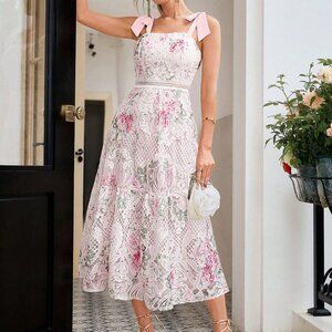 Pink Elegant Women's Lace Print Floral Sleeveless Party Dress